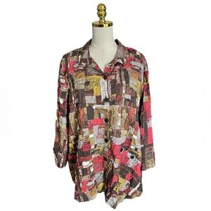 Habitat Women's Multi-color Artsy Patchwork Crinkled Relaxed Tunic Top Size XXL